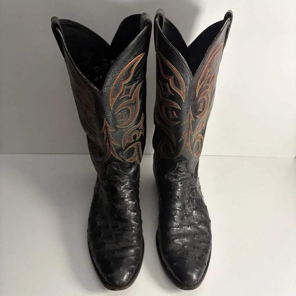 JUSTIN 8933 USA Men's Sz 10D Exotic Western Boots Black Full Quill Ostrich Foot